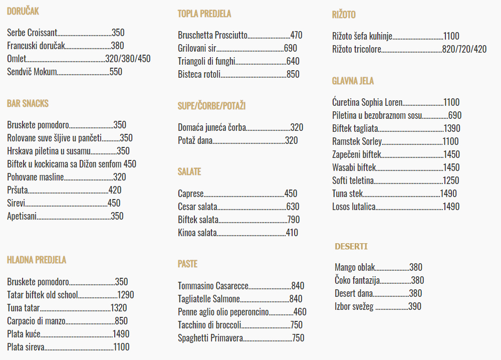 Restoran Mokum Cenovnik Menu