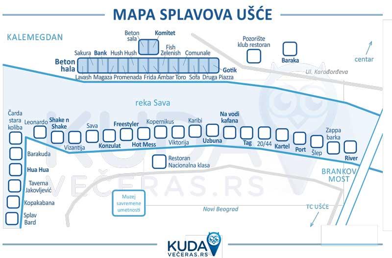 Mapa splavovi na Savi - Ušće, Novi Beograd